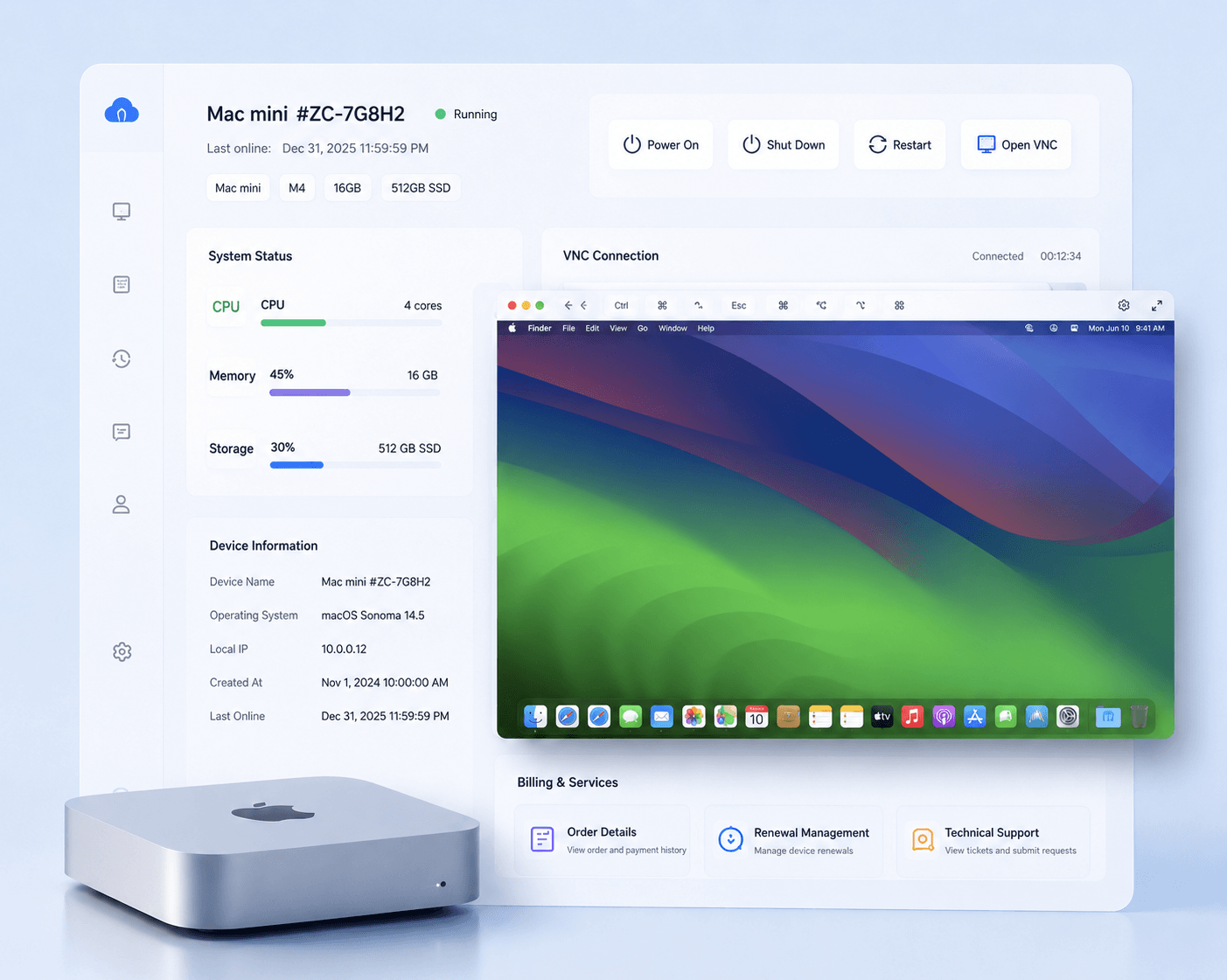 ZilCloud cloud console device management and VNC remote desktop interface
